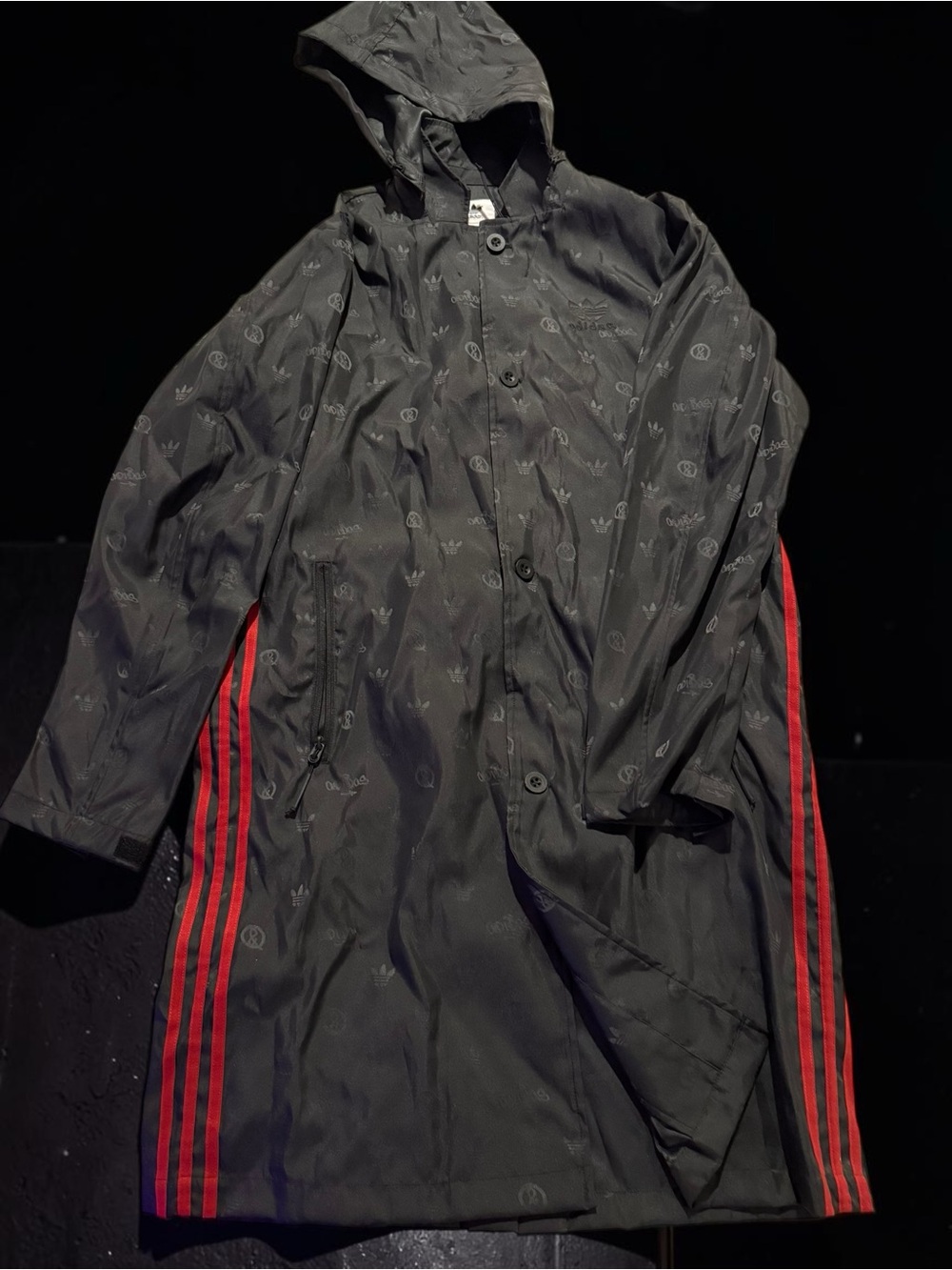 adidas x UAS Black Hooded Trench with Red Side Stripes